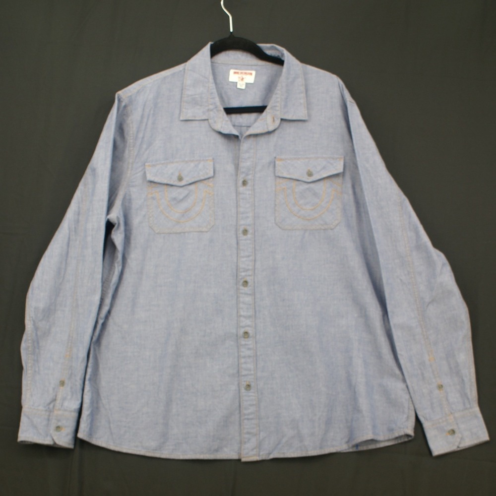 True Religion Mens 2XL Blue Chambray Long Sleeve Horseshoe Button Down Shirt